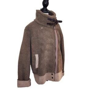 EVIDNT Brown Faux Shearling Teddy‎ Moto Jacket Funnel Neck Women's L